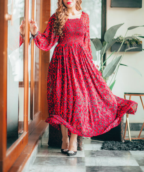 Red Leopard Smokey Dress